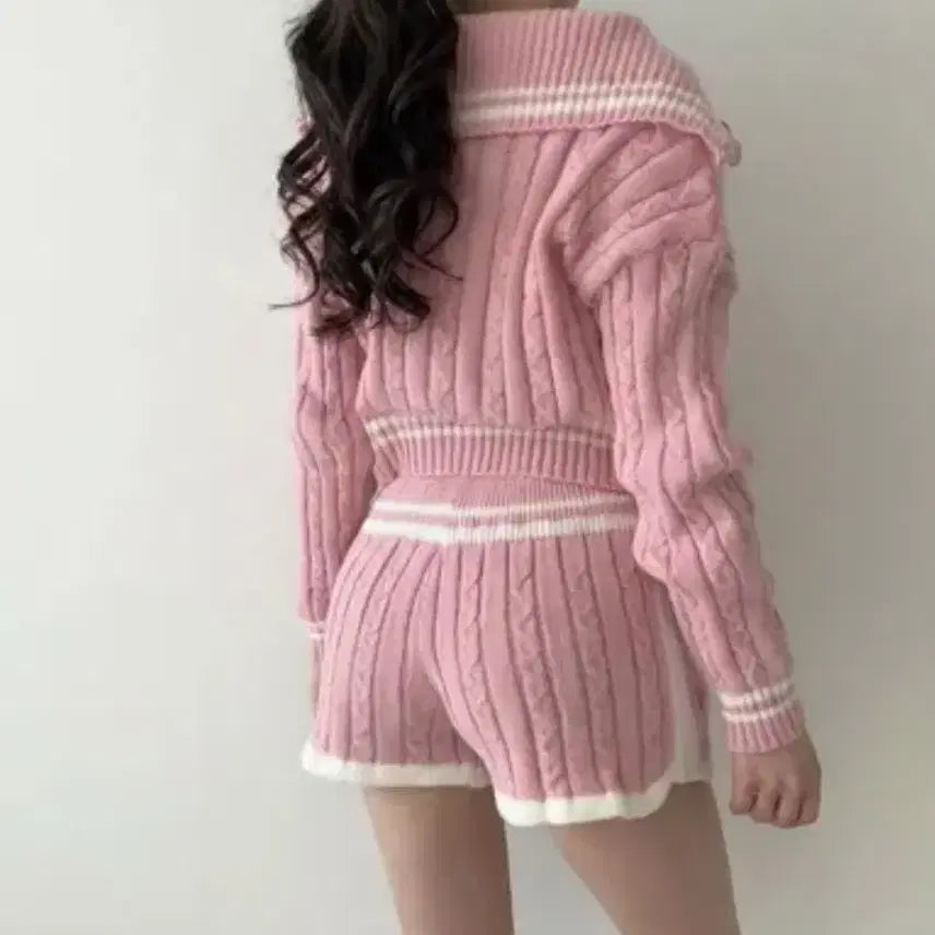[BUNJANG] Sailor Collar Half Zip Anorak Cable Knit Set / [SET] 세일러 카라 반집업 아노락 꽈배기 케이블 니트 세트