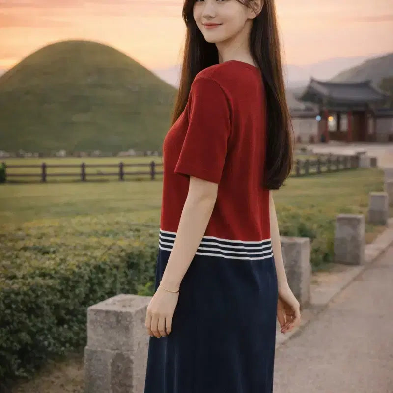 [BUNJANG] Beanpole Ladies Color Block Logo Embroidered Knit Dress / [여자-90]빈폴레이디스 컬러 블록 로고 자수 니트 원피스