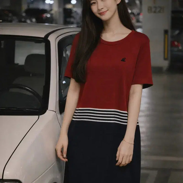 [BUNJANG] Beanpole Ladies Color Block Logo Embroidered Knit Dress / [여자-90]빈폴레이디스 컬러 블록 로고 자수 니트 원피스