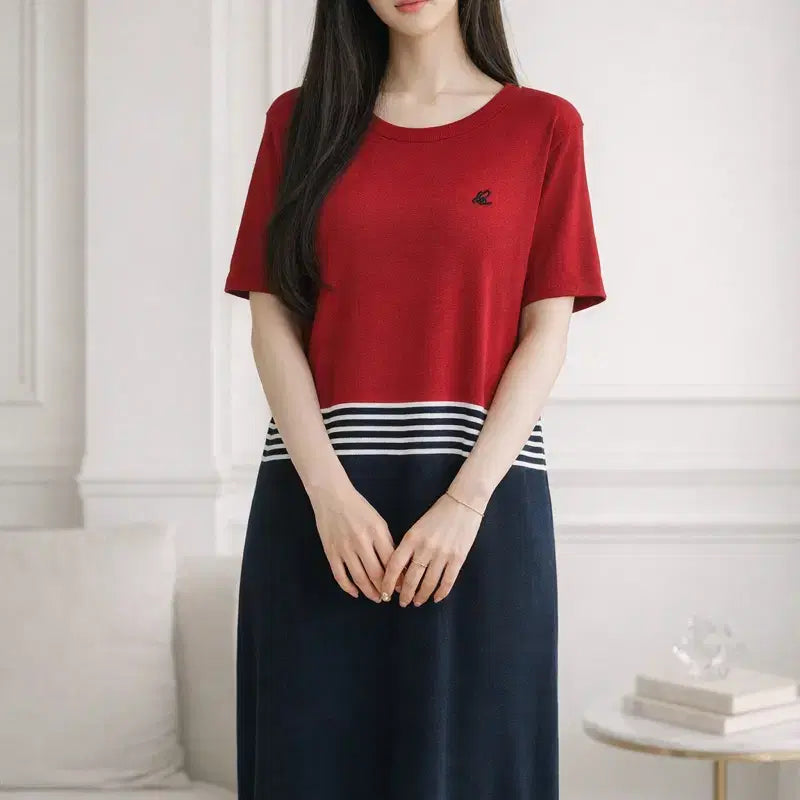 [BUNJANG] Beanpole Ladies Color Block Logo Embroidered Knit Dress / [여자-90]빈폴레이디스 컬러 블록 로고 자수 니트 원피스
