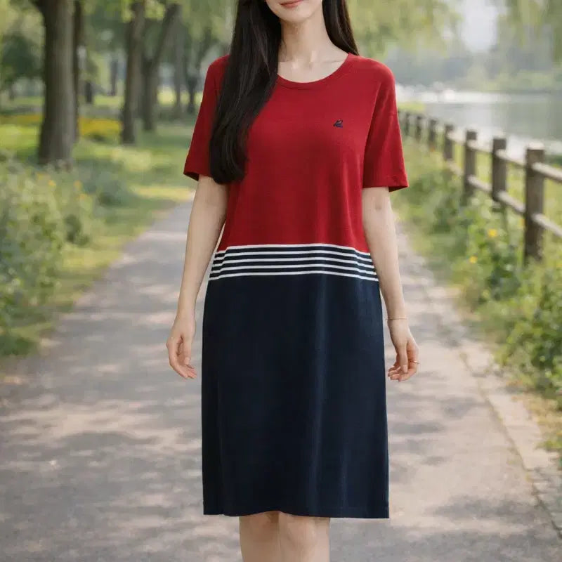 [BUNJANG] Beanpole Ladies Color Block Logo Embroidered Knit Dress / [여자-90]빈폴레이디스 컬러 블록 로고 자수 니트 원피스