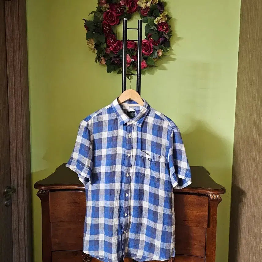 [BUNJANG] Herry Cotton Linen Blue Check Shirt / 헤리코튼 린넨 남방