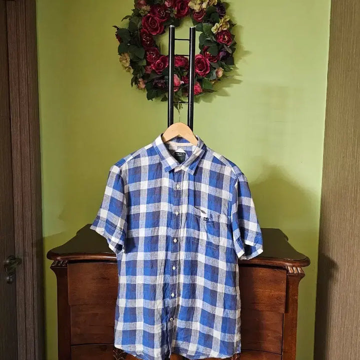 [BUNJANG] Herry Cotton Linen Blue Check Shirt / 헤리코튼 린넨 남방