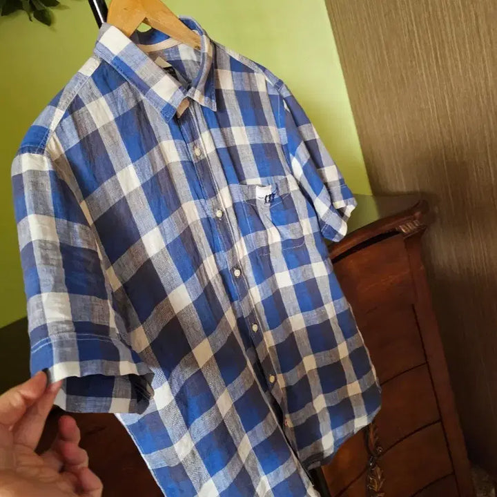 [BUNJANG] Herry Cotton Linen Blue Check Shirt / 헤리코튼 린넨 남방