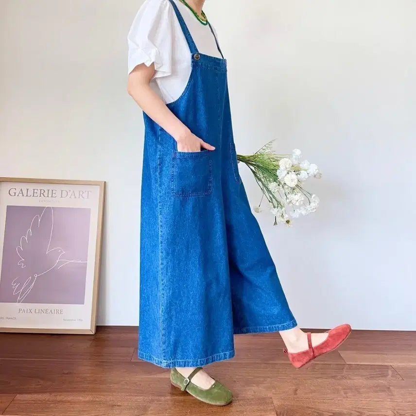 [BUNJANG] Denim Wide Jumpsuit / 데님 와이드 멜빵바지 점프수트