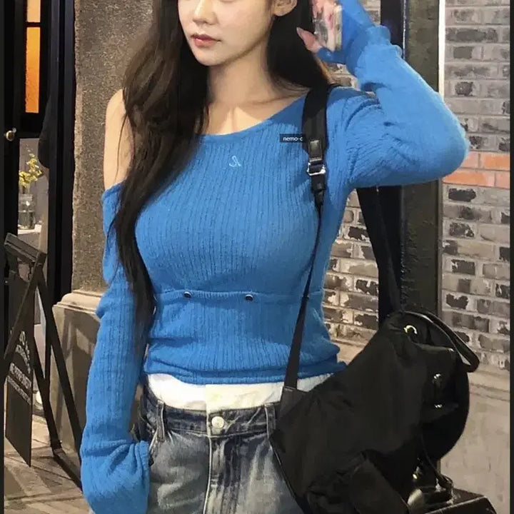 [BUNJANG] Afterhours Two-Way One Shoulder Knit Top Marine Blue / [새상품] 애프터아워즈 투웨이 원숄더 니트 마린블루