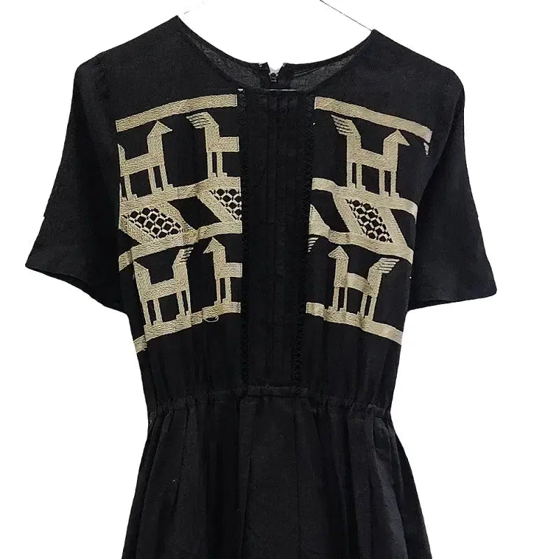 [BUNJANG] Vintage Bohemian Embroidered Linen Black Dress / 빈티지 오리엔탈 보헤미안 자수 린넨 블랙 원피스