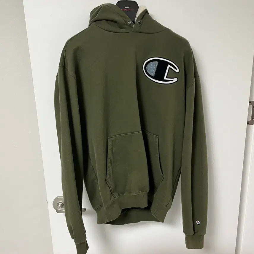 [BUNJANG] Champion Big Logo Khaki Fleece Hoodie / L 챔피온 빅로고 카키 플리스 후드