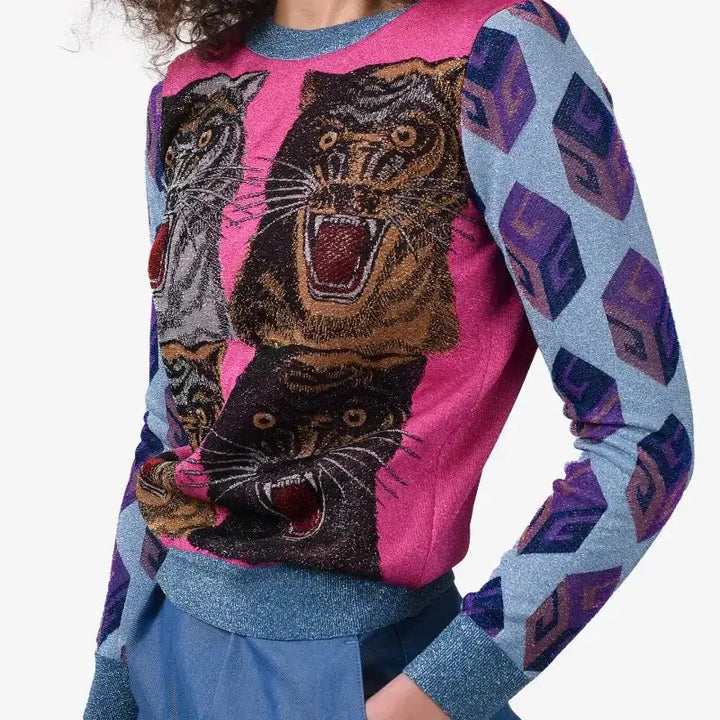 [BUNJANG] Gucci Tiger Print Lurex Knit Sweater / 정품 구찌 타이거 프린트 루렉스 여성니트 (국내 백화점 매장판)