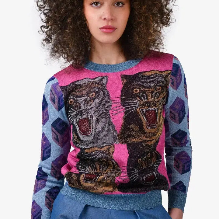 [BUNJANG] Gucci Tiger Print Lurex Knit Sweater / 정품 구찌 타이거 프린트 루렉스 여성니트 (국내 백화점 매장판)