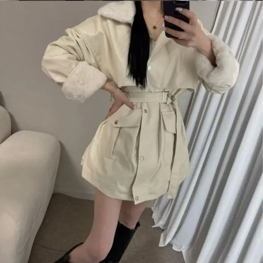 [BUNJANG] Mink Fur Leather Jacket Coat / 카라 밍크 퍼 레더 자켓 코트