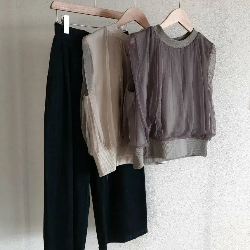 [BUNJANG] Neutral Tone Mesh Vest &amp; Layered Sleeveless Top / 뉴트럴톤 망사 베스트 / 레이어드 4계절 이너탑 민소매 티셔츠 레이스