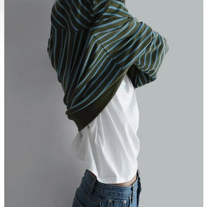 [BUNJANG] Fly ST Striped Crop Sweatshirt / 플라이ST맨투맨