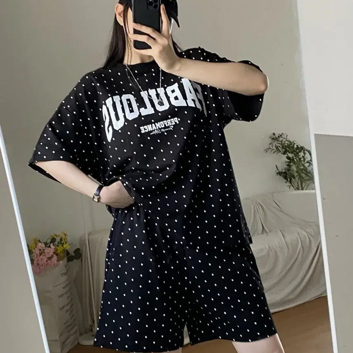 [BUNJANG] Dot Print Two-Piece Training Set / 도트 반팔 티셔츠 반바지 트레이닝복세트