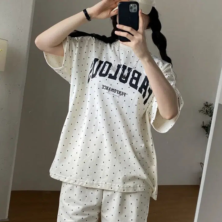[BUNJANG] Dot Print Two-Piece Training Set / 도트 반팔 티셔츠 반바지 트레이닝복세트