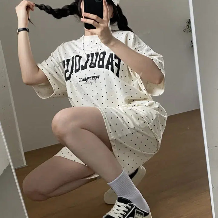 [BUNJANG] Dot Print Two-Piece Training Set / 도트 반팔 티셔츠 반바지 트레이닝복세트