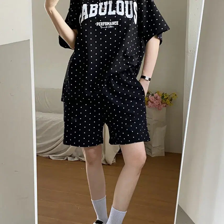 [BUNJANG] Dot Print Two-Piece Training Set / 도트 반팔 티셔츠 반바지 트레이닝복세트