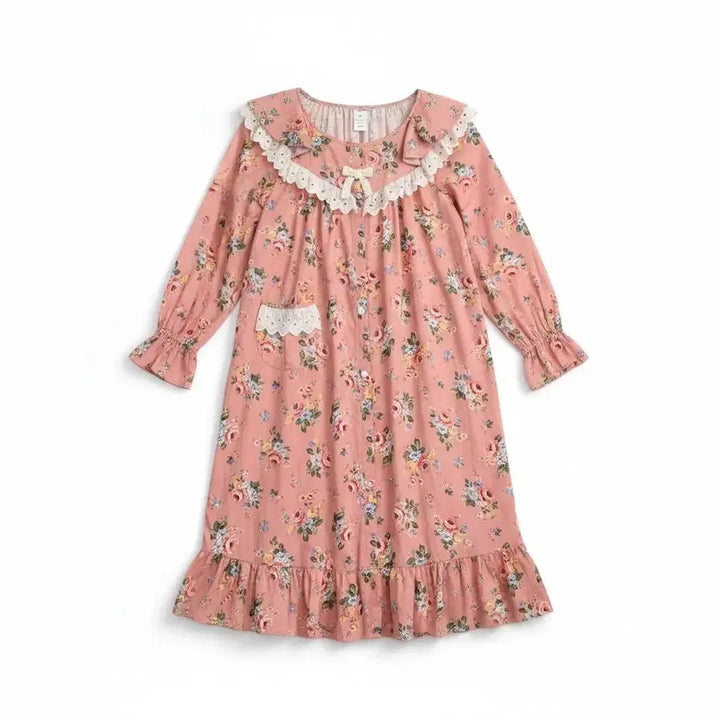 [BUNJANG] Pink Floral Lace Long Dress Pajamas / 핑크 꽃무늬 레이스 롱 원피스 잠옷
