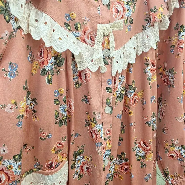 [BUNJANG] Pink Floral Lace Long Dress Pajamas / 핑크 꽃무늬 레이스 롱 원피스 잠옷