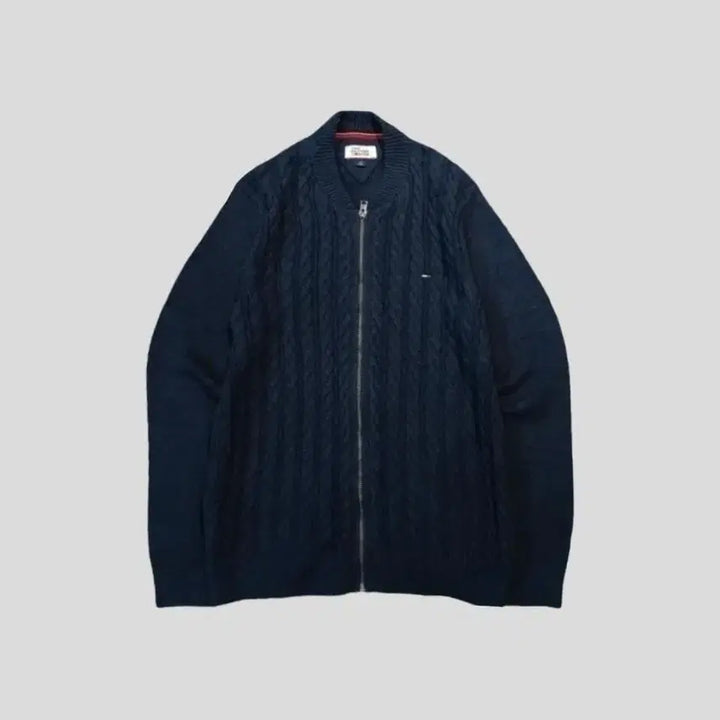 [BUNJANG] Tommy Hilfiger Cable Knit Cotton Zip-Up Cardigan / 타미힐피거 네이비 타미로고 케이블 꽈배기 패턴 코튼 니트집업 가디건 L