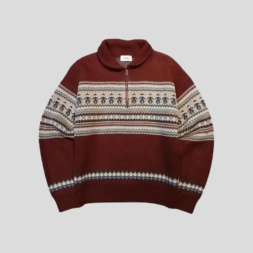 [BUNJANG] Vintage Burgundy Ivory Nordic Pattern Half-Zip Pullover / 빈티지 버건디 아이보리 노르딕패턴 헤비 울 블렌드 하프집업 반집업 풀오버