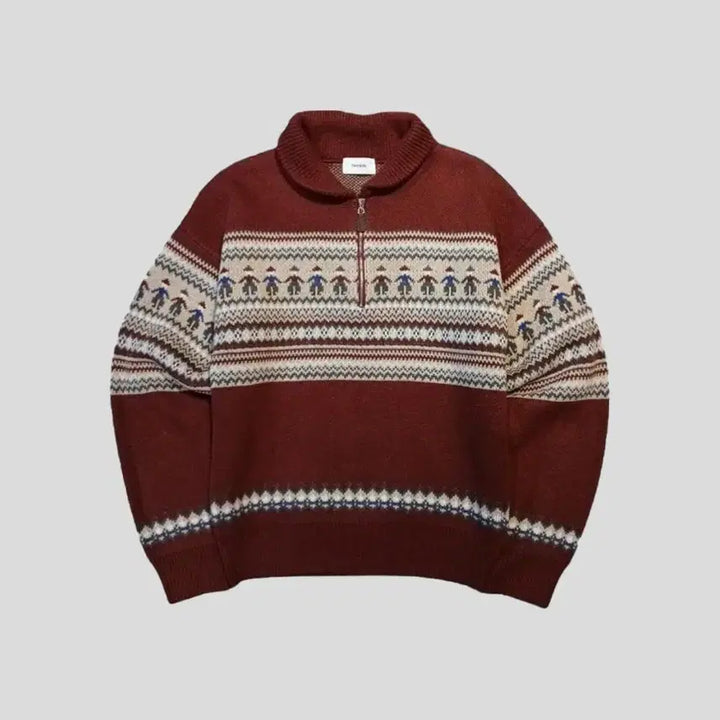 [BUNJANG] Vintage Burgundy Ivory Nordic Pattern Half-Zip Pullover / 빈티지 버건디 아이보리 노르딕패턴 헤비 울 블렌드 하프집업 반집업 풀오버