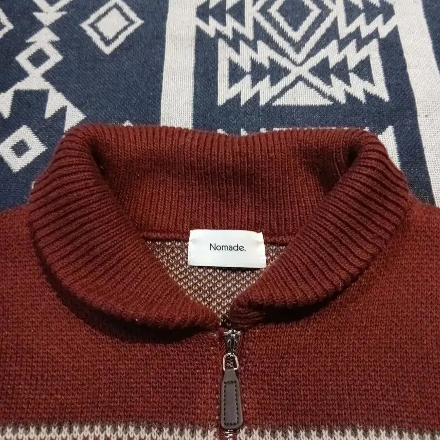 [BUNJANG] Vintage Burgundy Ivory Nordic Pattern Half-Zip Pullover / 빈티지 버건디 아이보리 노르딕패턴 헤비 울 블렌드 하프집업 반집업 풀오버