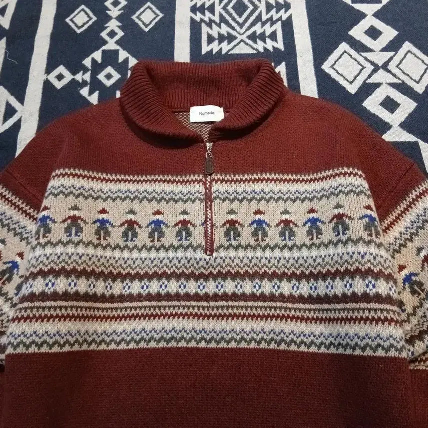 [BUNJANG] Vintage Burgundy Ivory Nordic Pattern Half-Zip Pullover / 빈티지 버건디 아이보리 노르딕패턴 헤비 울 블렌드 하프집업 반집업 풀오버