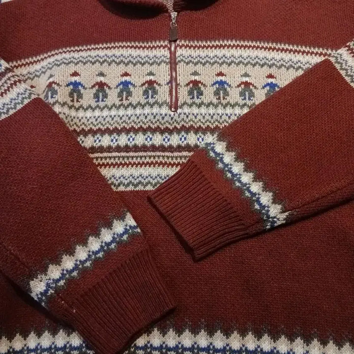 [BUNJANG] Vintage Burgundy Ivory Nordic Pattern Half-Zip Pullover / 빈티지 버건디 아이보리 노르딕패턴 헤비 울 블렌드 하프집업 반집업 풀오버