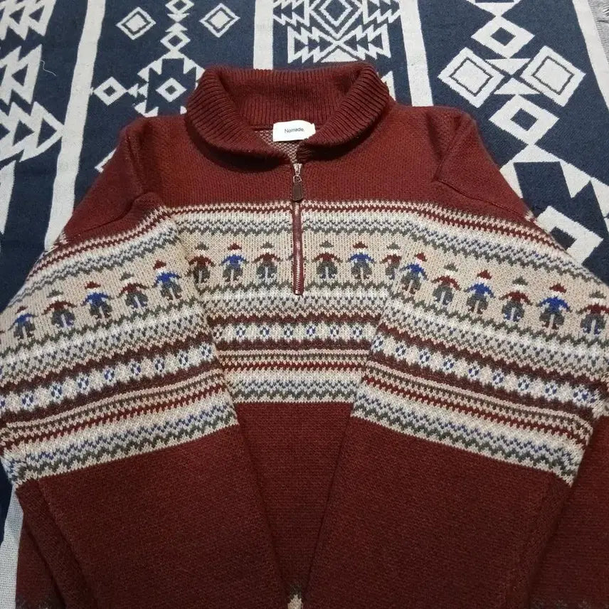 [BUNJANG] Vintage Burgundy Ivory Nordic Pattern Half-Zip Pullover / 빈티지 버건디 아이보리 노르딕패턴 헤비 울 블렌드 하프집업 반집업 풀오버