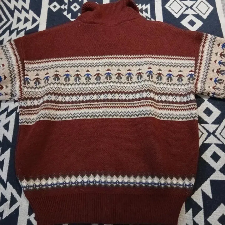 [BUNJANG] Vintage Burgundy Ivory Nordic Pattern Half-Zip Pullover / 빈티지 버건디 아이보리 노르딕패턴 헤비 울 블렌드 하프집업 반집업 풀오버