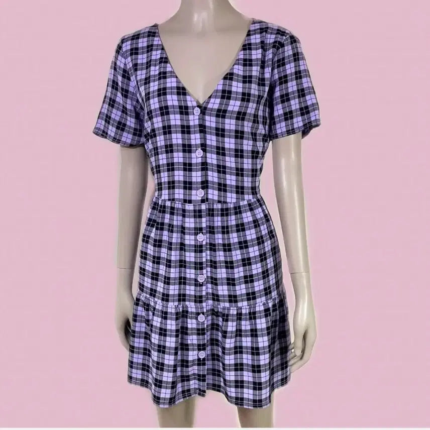 [BUNJANG] H&amp;M V-Neck Checkered Mini Dress / H&amp;M(에이치엔엠) 브이넥 체크 반팔 초미니 원피스
