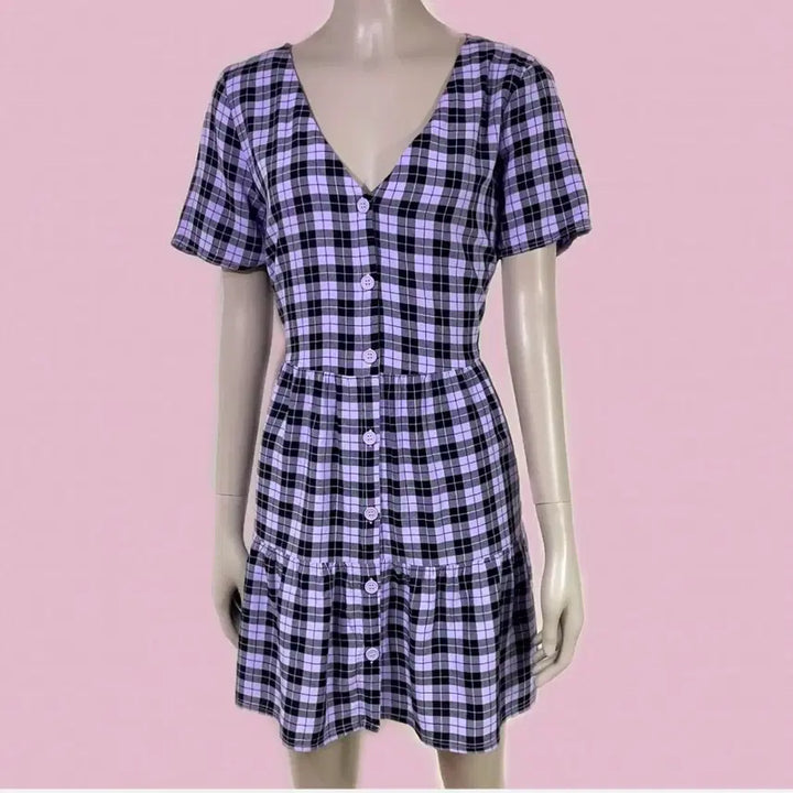 [BUNJANG] H&amp;M V-Neck Checkered Mini Dress / H&amp;M(에이치엔엠) 브이넥 체크 반팔 초미니 원피스