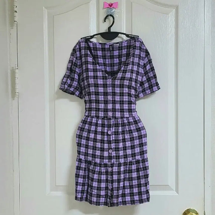 [BUNJANG] H&amp;M V-Neck Checkered Mini Dress / H&amp;M(에이치엔엠) 브이넥 체크 반팔 초미니 원피스