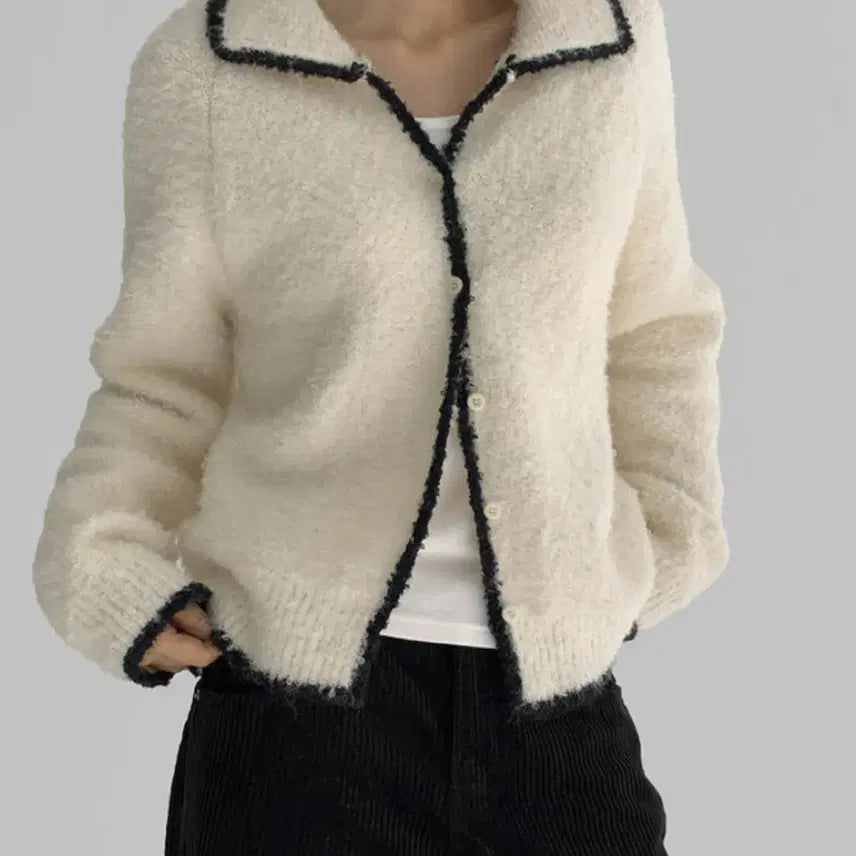 [BUNJANG] Manique Ivory Color Block Collar Cardigan / [옷정리] 매니크 아이보리 배색 카라 가디건