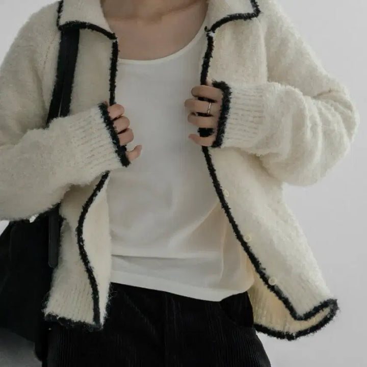 [BUNJANG] Manique Ivory Color Block Collar Cardigan / [옷정리] 매니크 아이보리 배색 카라 가디건
