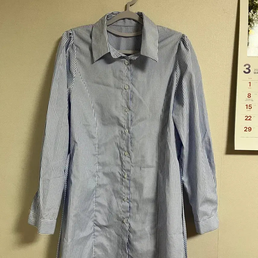 [BUNJANG] Blue Striped Long Sleeve Shirt Dress / 블루 스트라이프 긴팔 셔츠 원피스