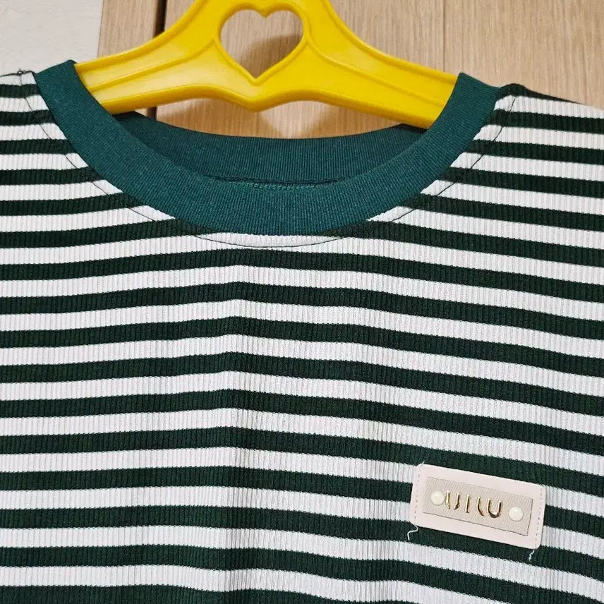 [BUNJANG] Striped 7-Part Sleeve T-shirt / (새옷)스트라이프 7부 티셔츠 그린 화이트55~66
