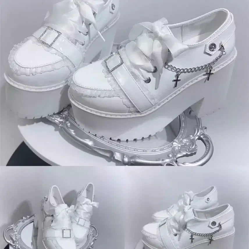 [BUNJANG] Platform High Heel Shoes with Cross Chain and Ribbon / 양산형 지뢰계 하이힐 플랫폼 슈즈 십자가 체인 리본 장식 슈즈(2컬러)