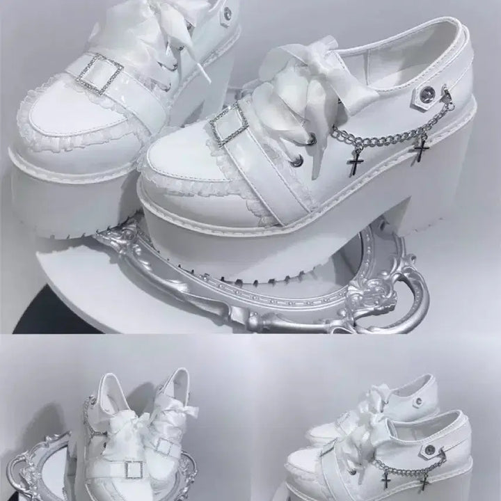 [BUNJANG] Platform High Heel Shoes with Cross Chain and Ribbon / 양산형 지뢰계 하이힐 플랫폼 슈즈 십자가 체인 리본 장식 슈즈(2컬러)
