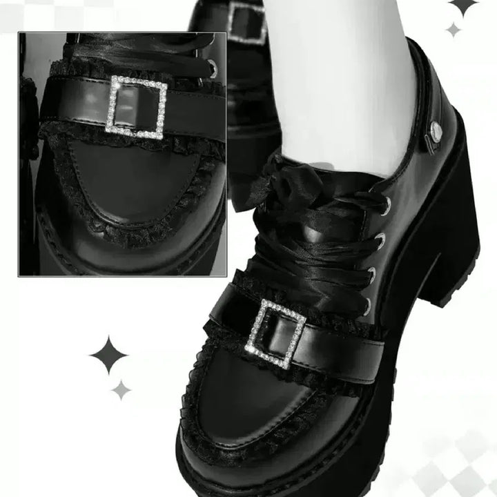 [BUNJANG] Platform High Heel Shoes with Cross Chain and Ribbon / 양산형 지뢰계 하이힐 플랫폼 슈즈 십자가 체인 리본 장식 슈즈(2컬러)