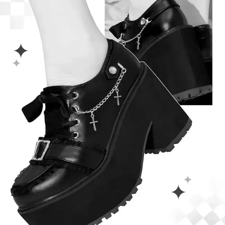 [BUNJANG] Platform High Heel Shoes with Cross Chain and Ribbon / 양산형 지뢰계 하이힐 플랫폼 슈즈 십자가 체인 리본 장식 슈즈(2컬러)