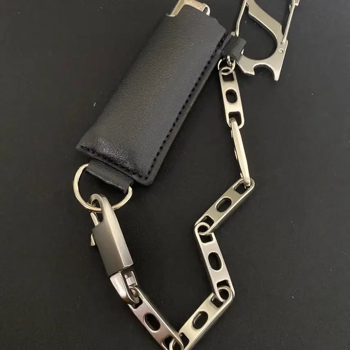 [BUNJANG] Black Leather Lighter Case Keychain with Metal Chain / 블랙 레더 케이스 키링