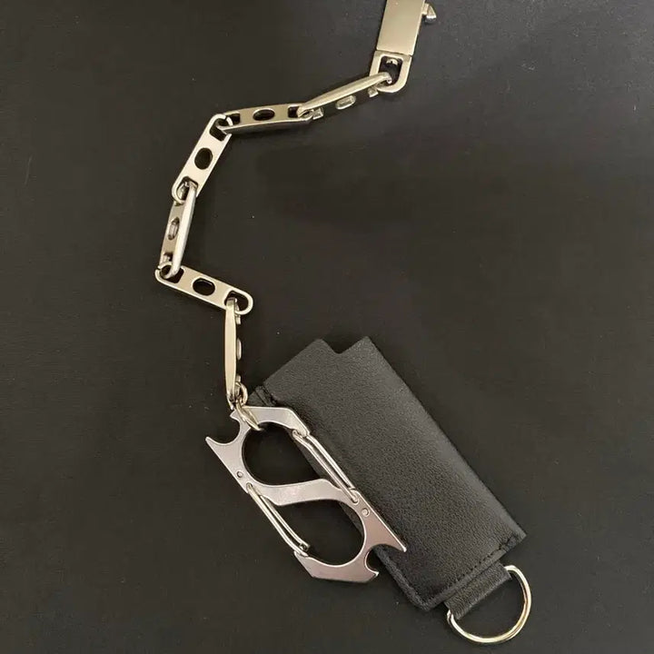 [BUNJANG] Black Leather Lighter Case Keychain with Metal Chain / 블랙 레더 케이스 키링