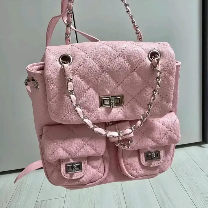 [BUNJANG] Pink Quilted Daily Chain Backpack / 핑크색 퀄팅 데일리 체인 백팩