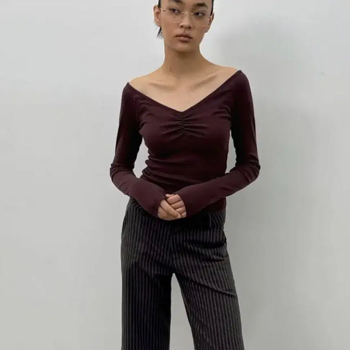 [BUNJANG] Blackup Shirring Long Sleeve Burgundy Top / (방금 배송 받은 새상품)블랙업 셔링 긴팔티 버건디