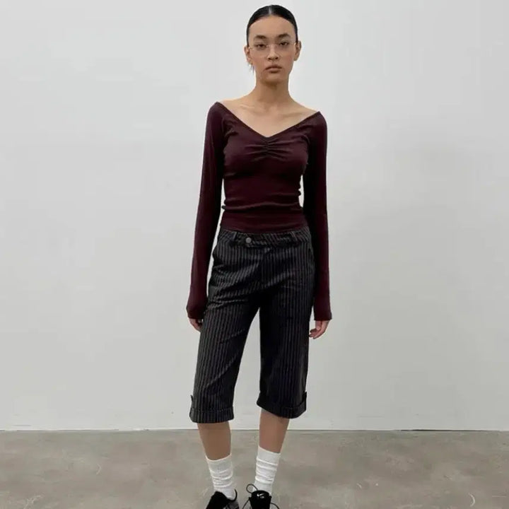 [BUNJANG] Blackup Shirring Long Sleeve Burgundy Top / (방금 배송 받은 새상품)블랙업 셔링 긴팔티 버건디