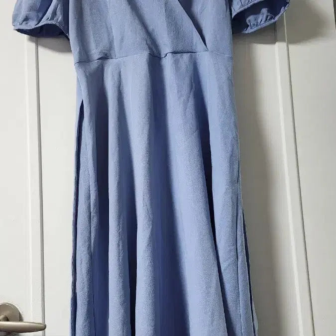 [BUNJANG] Sky Blue Wrap Style Puff Sleeve Long Dress / 랩 스타일 퍼프 반팔 롱 원피스 하늘색