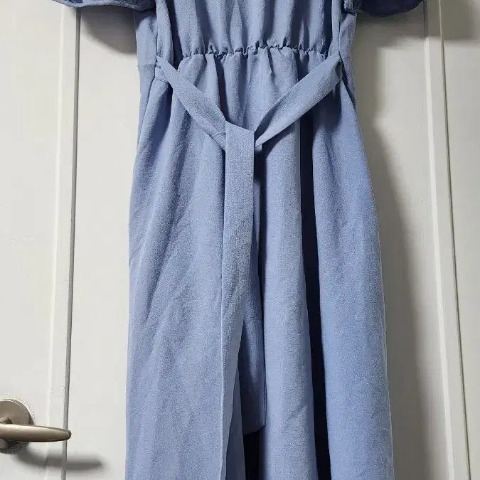 [BUNJANG] Sky Blue Wrap Style Puff Sleeve Long Dress / 랩 스타일 퍼프 반팔 롱 원피스 하늘색