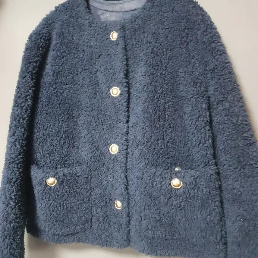 [BUNJANG] Wool 100% Blue Blouson Jacket with Gold Buttons / 양모100 뽀글이 블루종 자켓 금장 단추